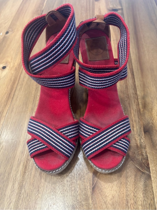 Tory Burch Shoes - Tory Burch Red Canvas Espadrille Wedge Sandals with Navy & White Straps